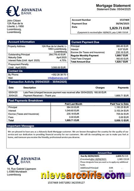 Luxembourg Advanzia Bank mortgage statement Word and PDF template